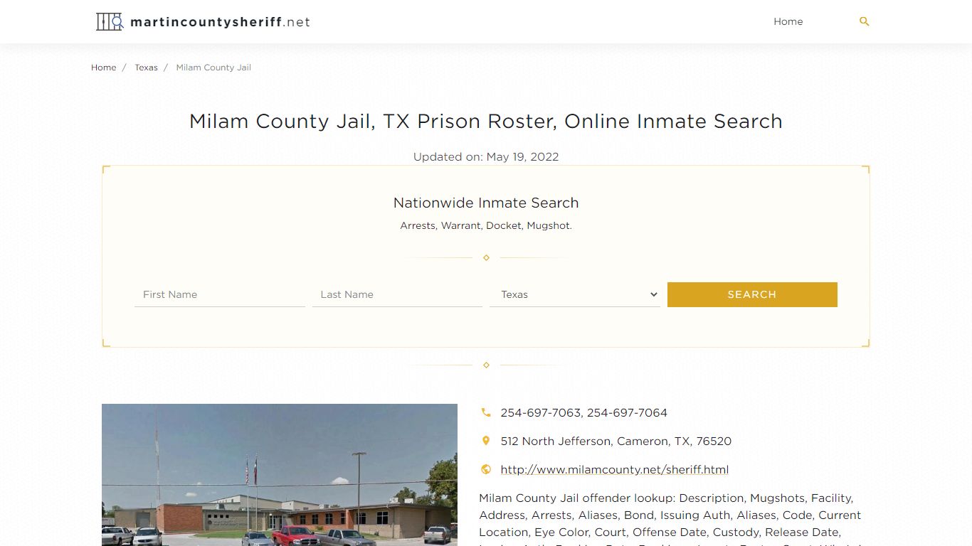 Milam County Jail, TX Prison Roster, Online Inmate Search ...