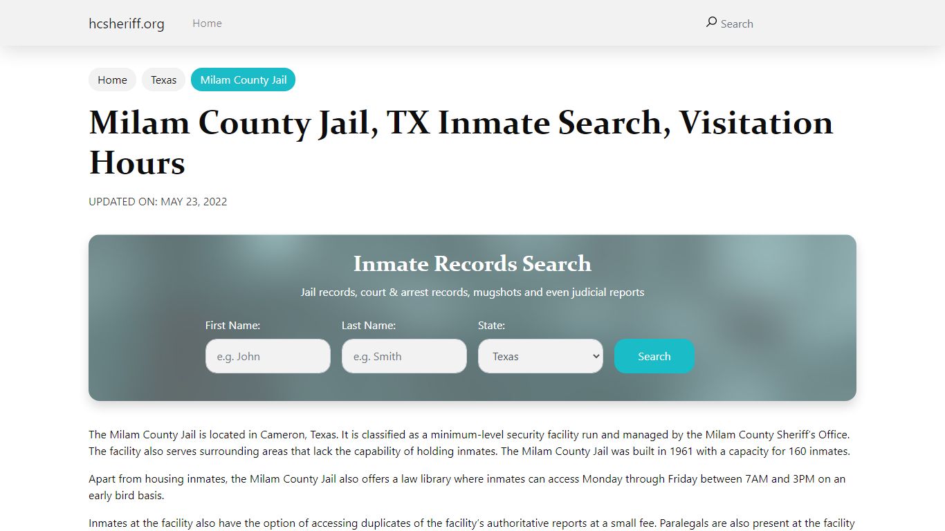 Milam County Jail, TX Inmate Search, Visitation Hours